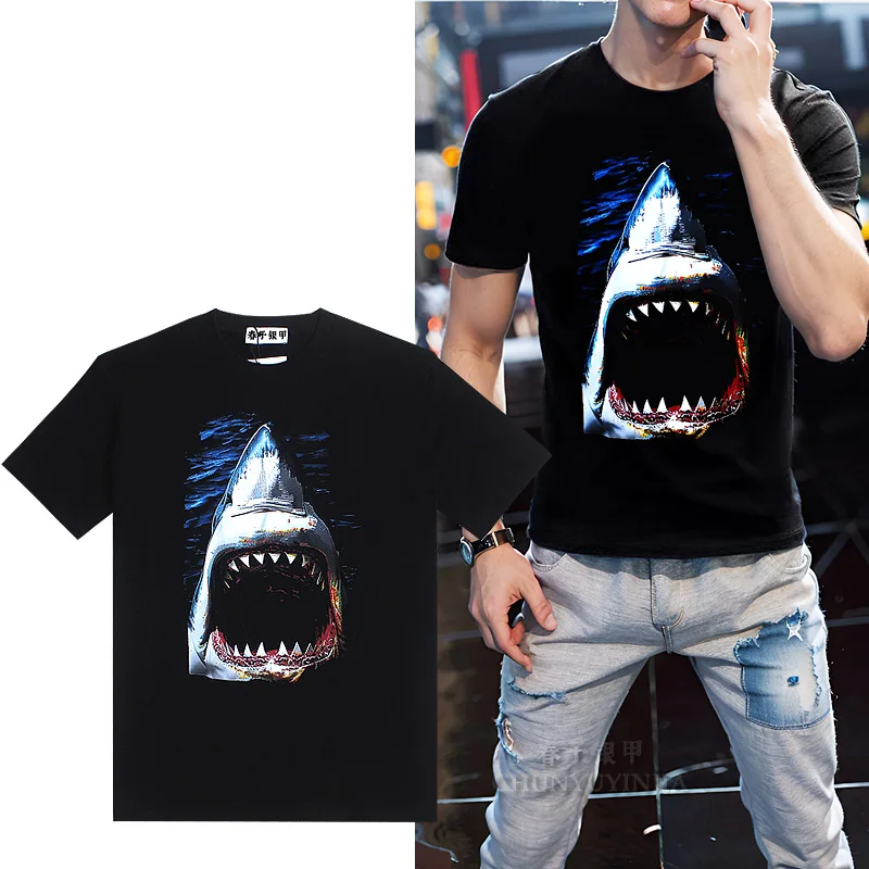 

Chun yu yin jia Fashion High Street Designer Shark Pattern 3D Printing Short-Sleeved T-Shirt Black for men tee