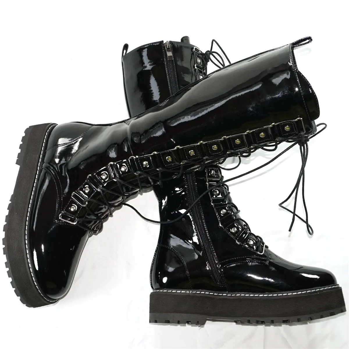 

Plus Size Thigh High Pumps Shoes Women Lace Up Patent Leather Knee High Snow Boots Female Winter Round Toe Casual Shoes Big Size