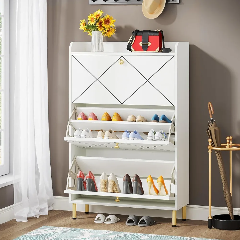 

24 Pairs Slim Shoe Cabinet With 3 Flip Drawers for Entryway Shoes Organizer Shoerack Shoe-shelf Cabinets for Living Room Rack