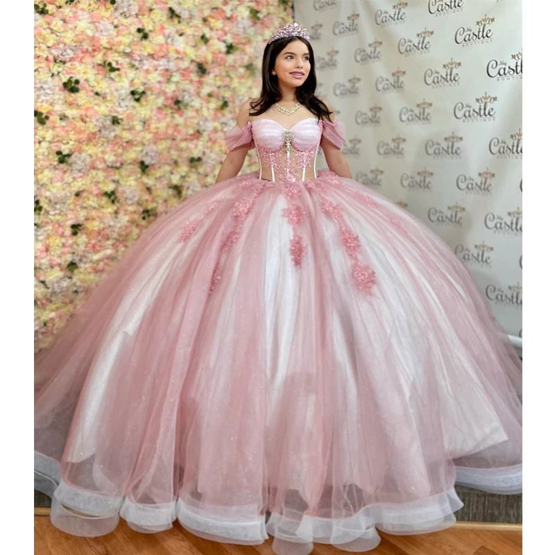 Quinceanera Dresses ANGELSBRIDEP Glittering Pink Quinceanera Dress Crystal Beading Lace Vestidos De 15 Anos Formal Birthday Party Prom Ball Gown