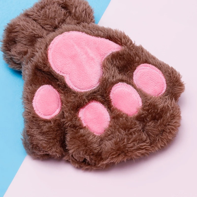 Women Winter Warm Half Finger Gloves Cartoon Paw Embroidery Anime Kitten Thicken Fuzzy Plush Fingerless Mittens fingerless gloves half finger gloves