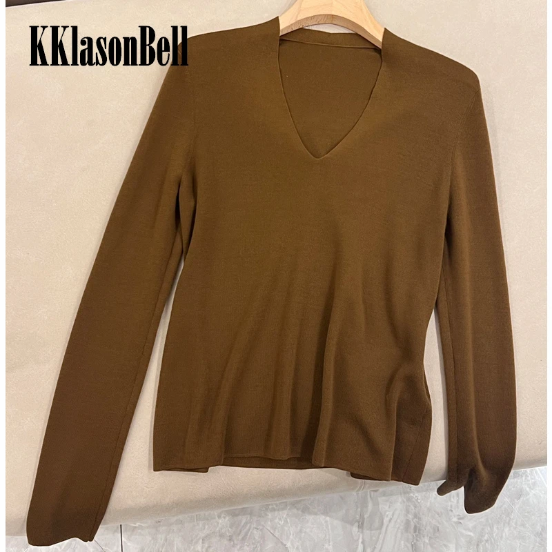 

11.1 KKlasonBell Merino Wool V-Neck Long Sleeve Knitted T-Shirt Women