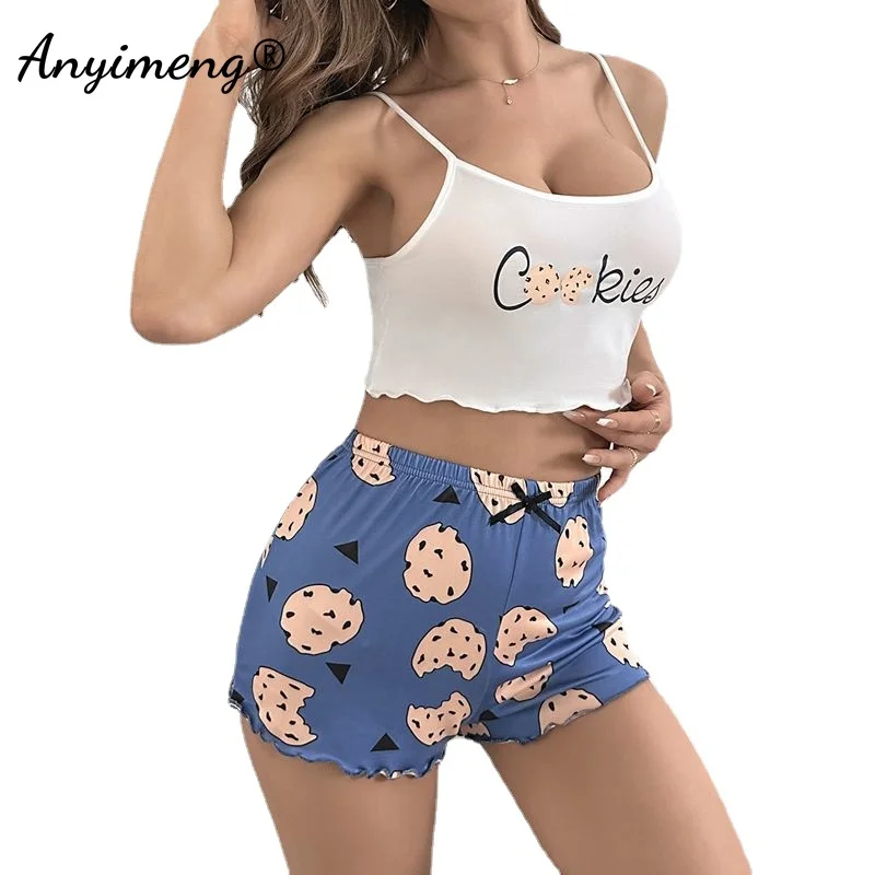 

Hot Womens Summer Sexy Sleepwear Leisure Spaghetti Strap Lady Sleeveless Nightwear Casual Pajamas Sets Milk Silk Elastic Pijama