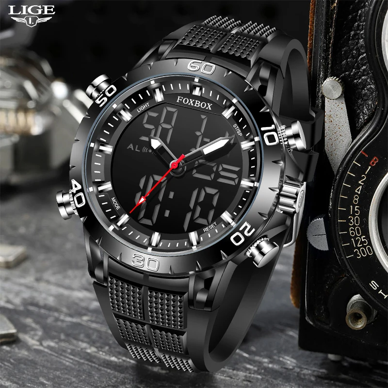 LIGE Top Brand NEW Man Watches Dual Display Luminous Business Wrist Watch for Men Genuine Silicone strap Sport Quartz Male Clock