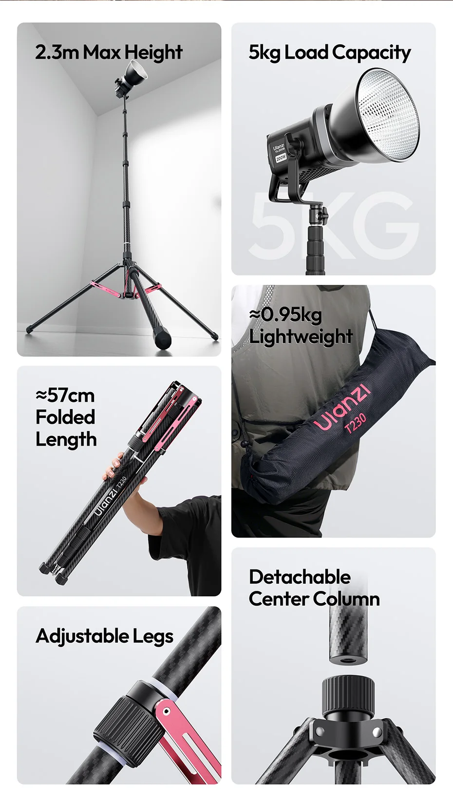  T230 Reversible Leg Light Stand Tripod 58-230CM Tripod for COB Light Softbox C