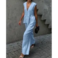 Ensemble gilet et pantalon Long sans manches en coton, haut Sexy à col en v, couleur unie, tempérament, ensemble deux pièces pour femmes 6