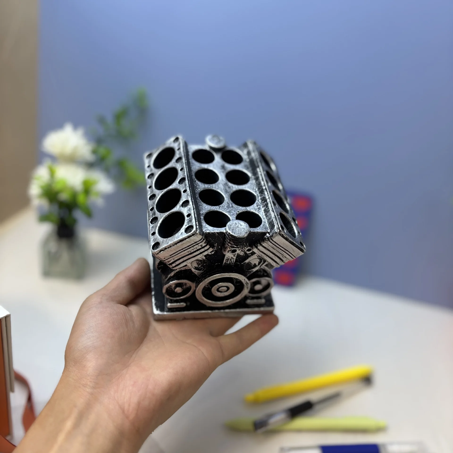 V8 Engine Design Pen Holder - Creative Desktop Stationery Organizer and Decorative Home Office Accent
