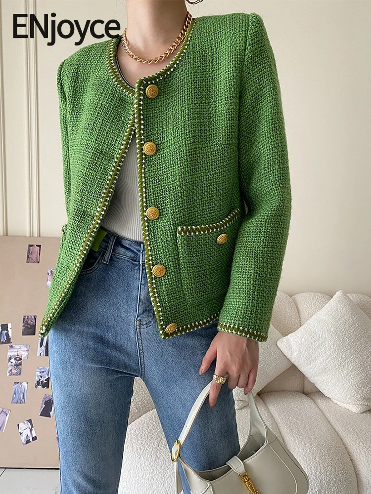 

ENjoyce Spring Fall Women Luxury Brand Green Wool Blend Jacket Korean Fashion Round Neck Single Breasted Cropped Tweed Suit Coat