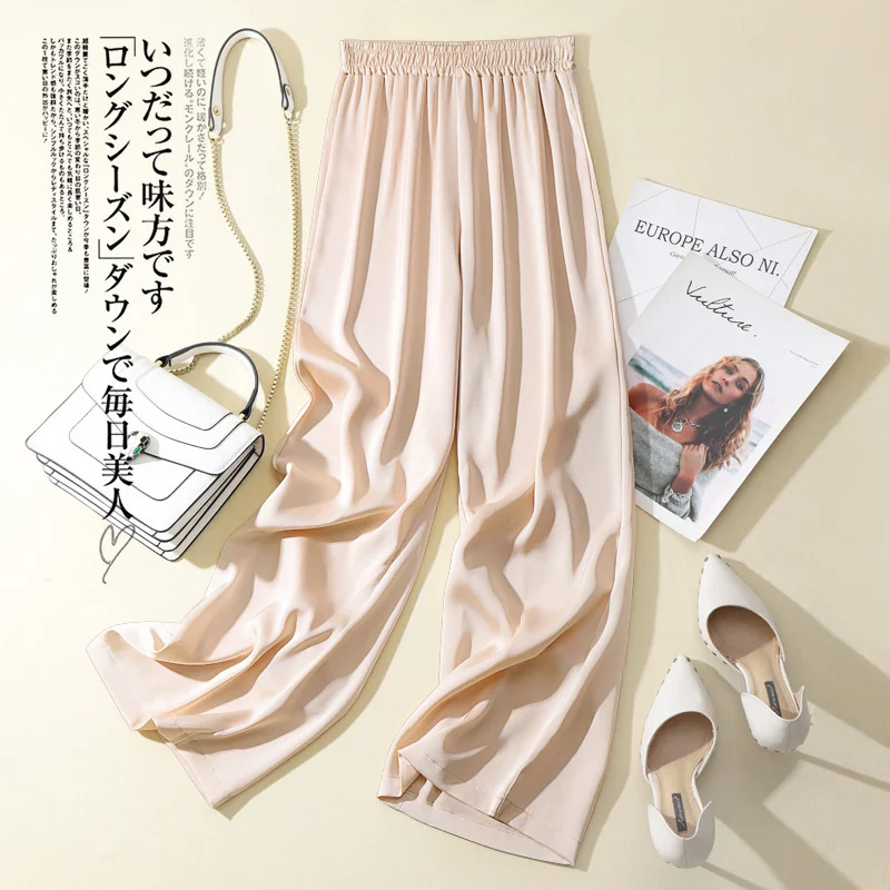 Women Satin Silky Straight Wide Leg Pants Summer Elastic High Waist Loose Green soft comfortable Casual Pant Office Lady Trouser