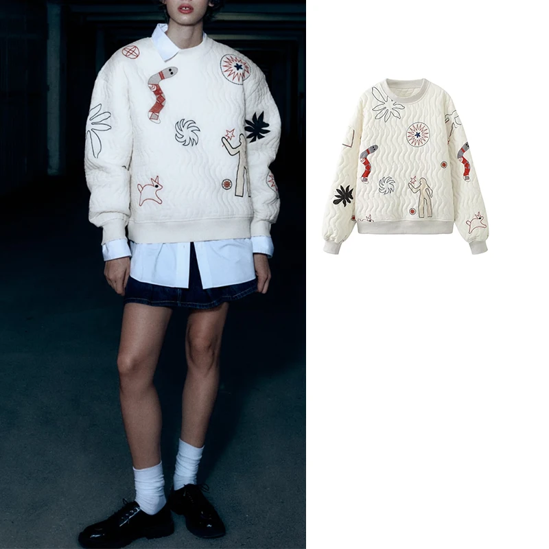 

TRAF 2023 Autumn Women Quilted Cotton Sweatshirt Women Harajuku Korean Fashion Long Sleeve Tops Streetwear Y2K Sweatshirts