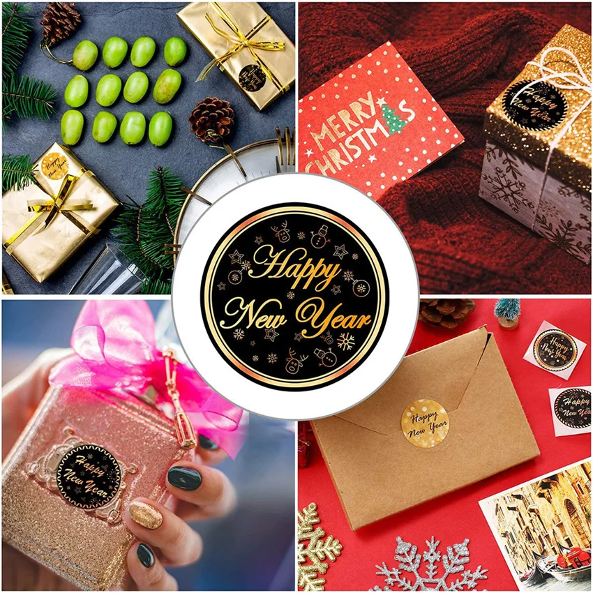 100-500pcs Happy New Year Stickers 8 Designs 1.5'' Round Black Gold Labels Stickers for Christmas Gift Cards Envelopes Boxes