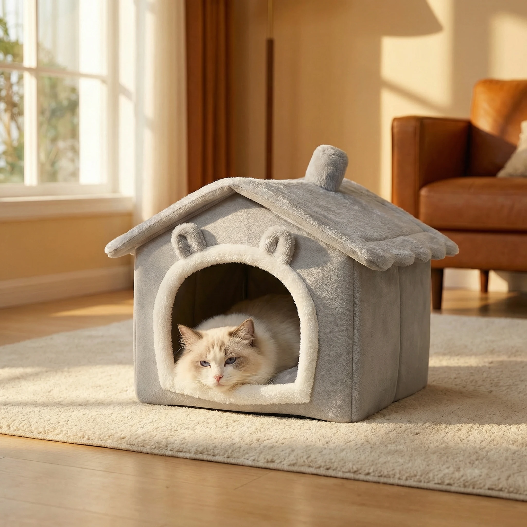 Lit maison pliable et lavable pour chat et petit chien avec coussin amovible_voghion.com