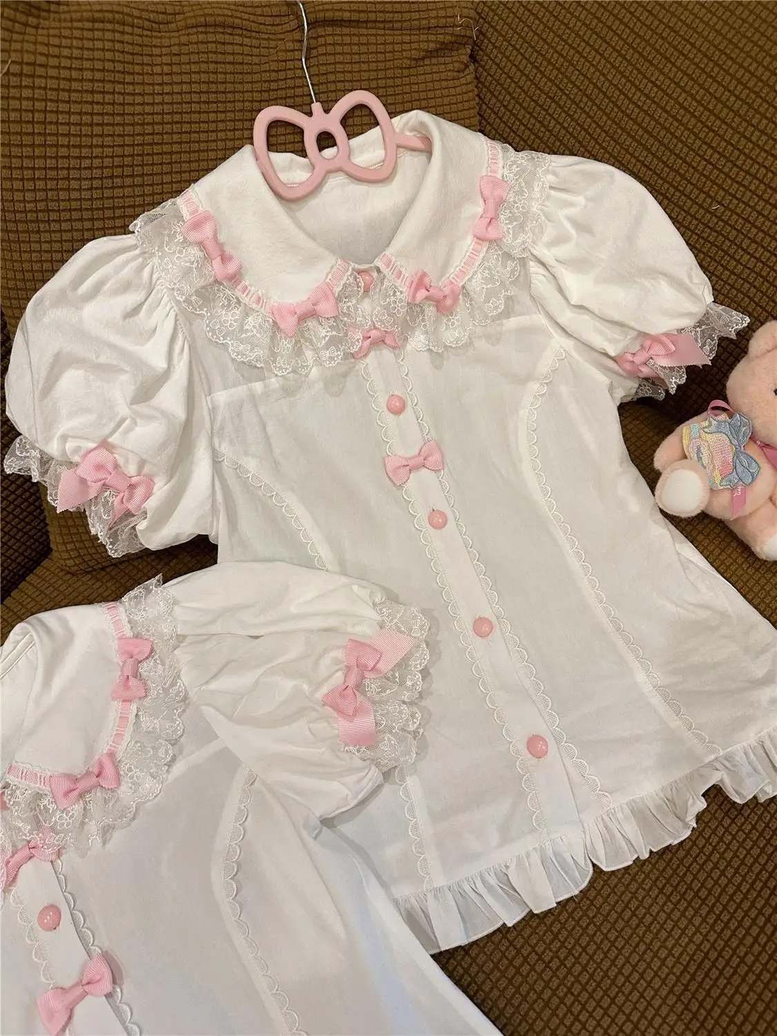 Japanese Lolita Blouses Women Peter Pan Collar Summer Shirt Tops Girls Puff Sleeve Blouse