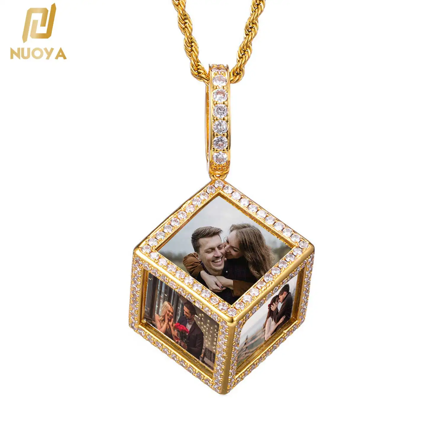 New Design Custom Iced Out Cube Memory Zircon Picture Pendants Necklace Locket 3D Picture Frame Photo Pendant