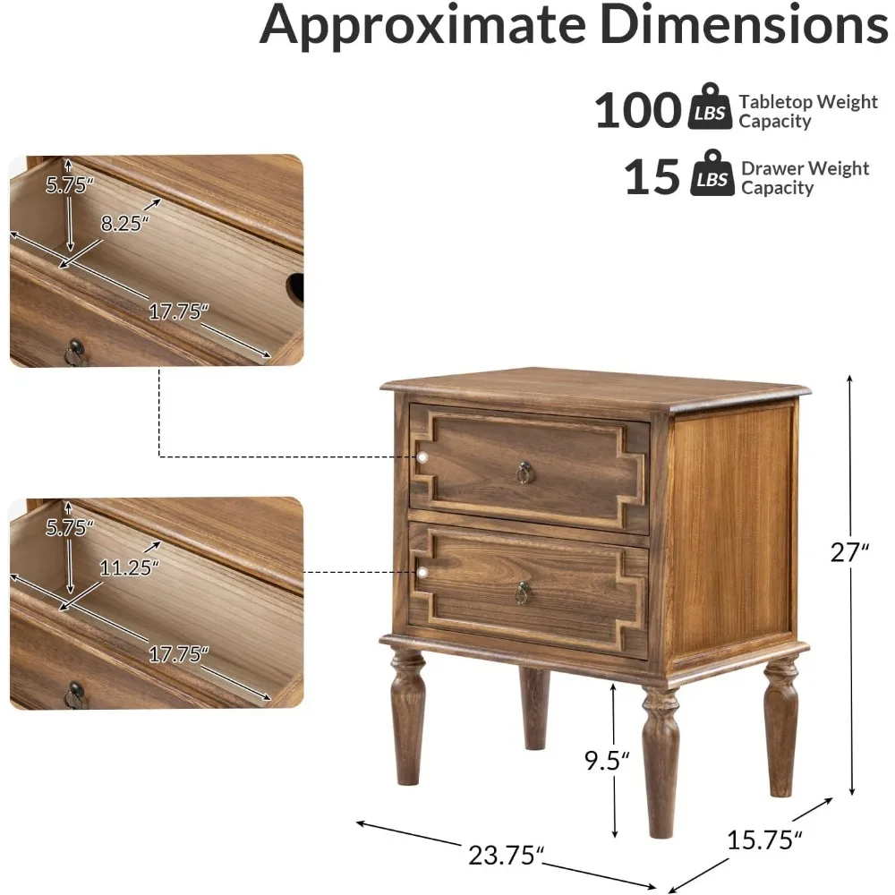 Nightstand with Charging Station, Farmhouse 24” Wide End Table with 2-Drawer & Wooden Legs, Vintage Tall Side Table, Walnut 6