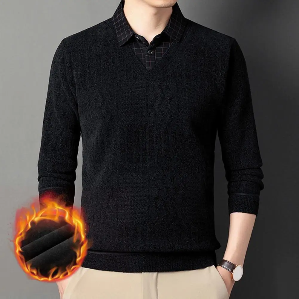 Fake Two-piece Men Sweater Long Sleeve Lapel Thick Plush Warm Button Elastic Pullover Father Mid-aged Men Sweater