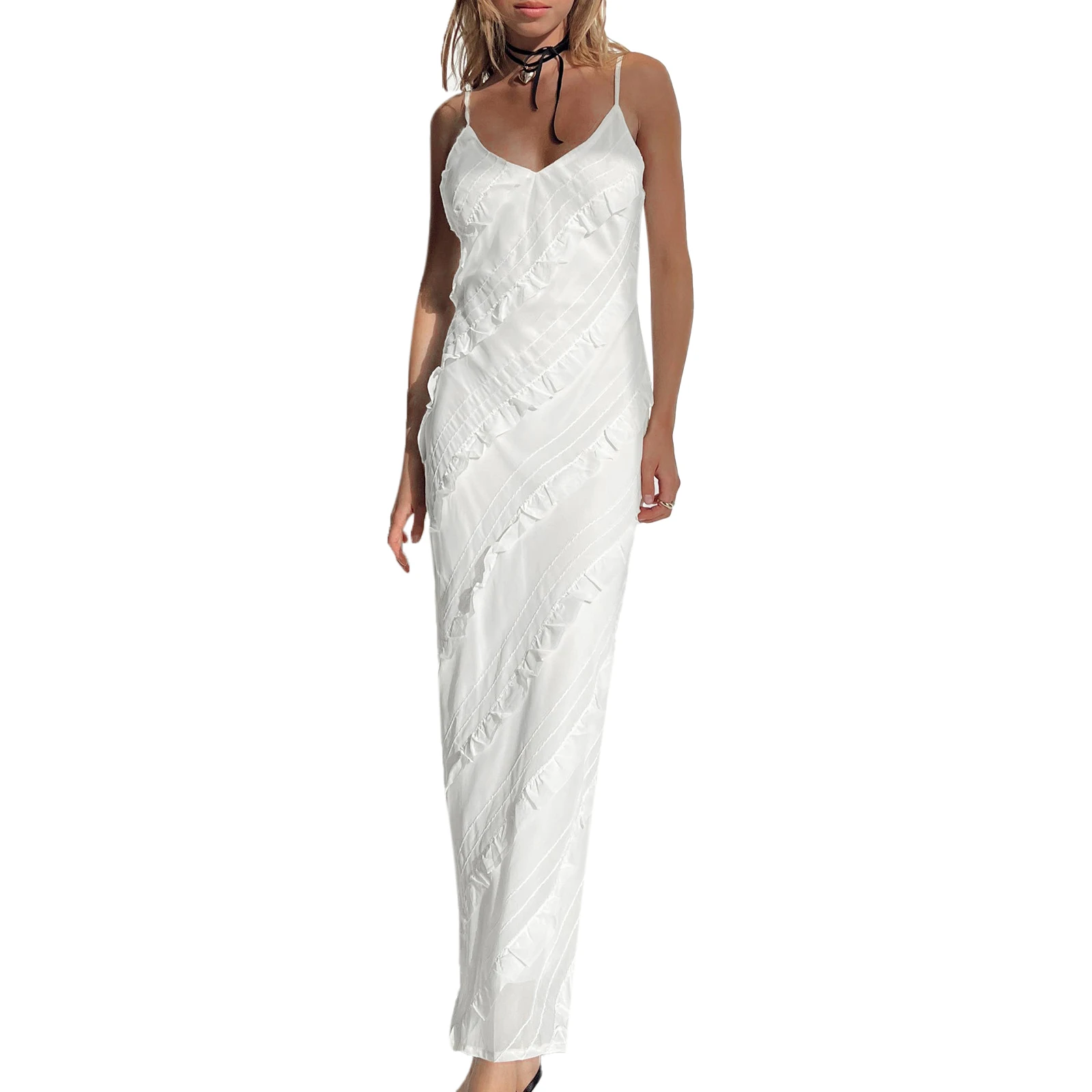 

Women Long Bodycon Dress Solid Color Ruffles V-Neck Sleeveless Cami Dress Summer Backless Party Dress