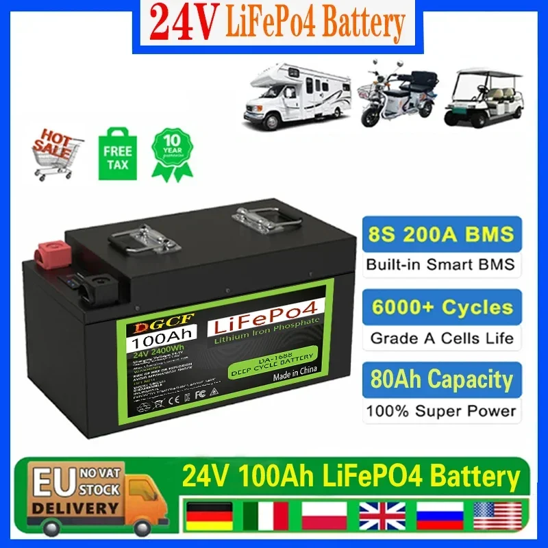 

12V 24V LiFePO4 Battery Pack 200AH 150AH 100AH Built-in BMS Lithium Iron Phosphate Cells For RV Campers Solar With Charger