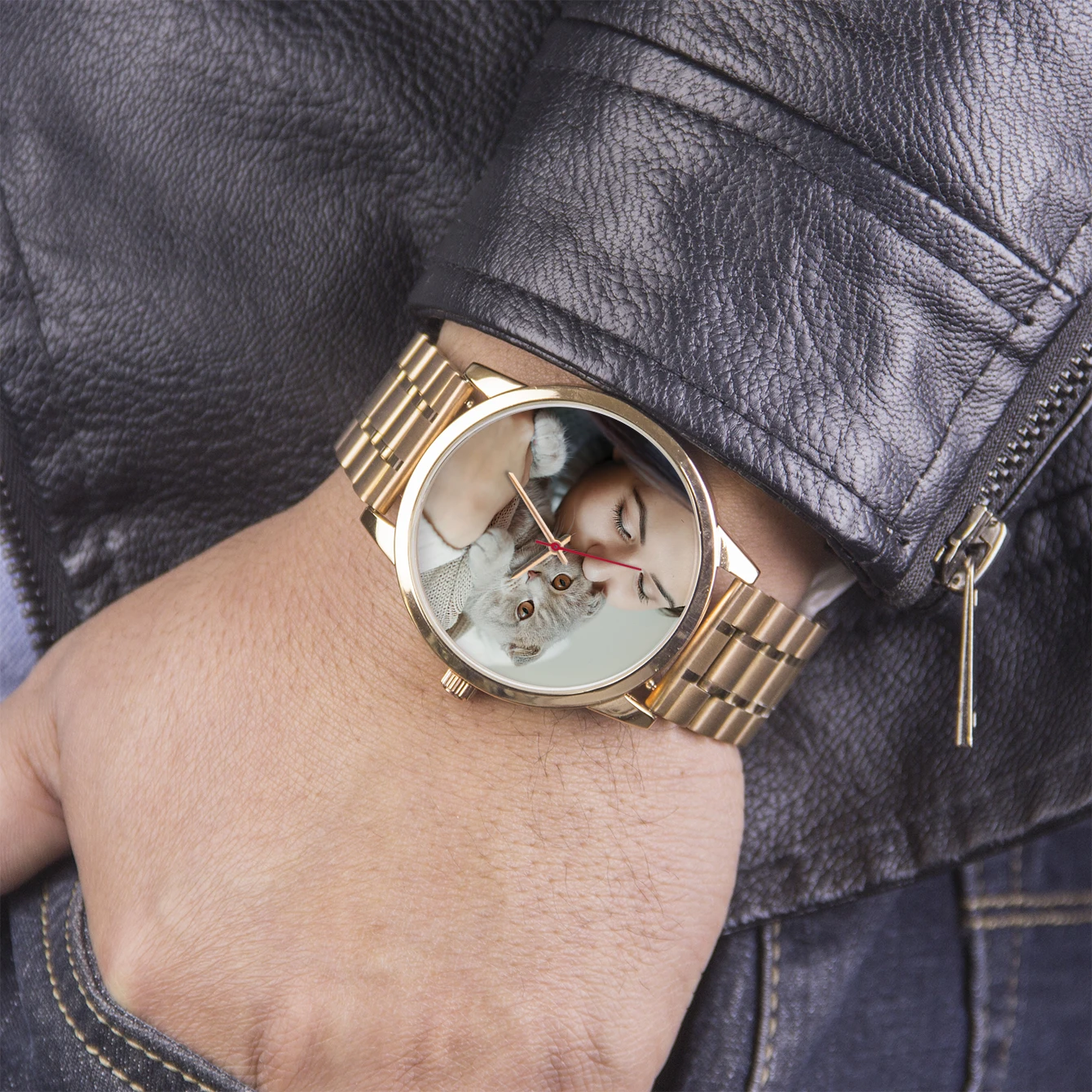 Custom Made Universal Watches for Men Pattern Silver Watch Men Wrist Original Photo Fashion Quartz Wristwatches Gift Pet Son Cat 6