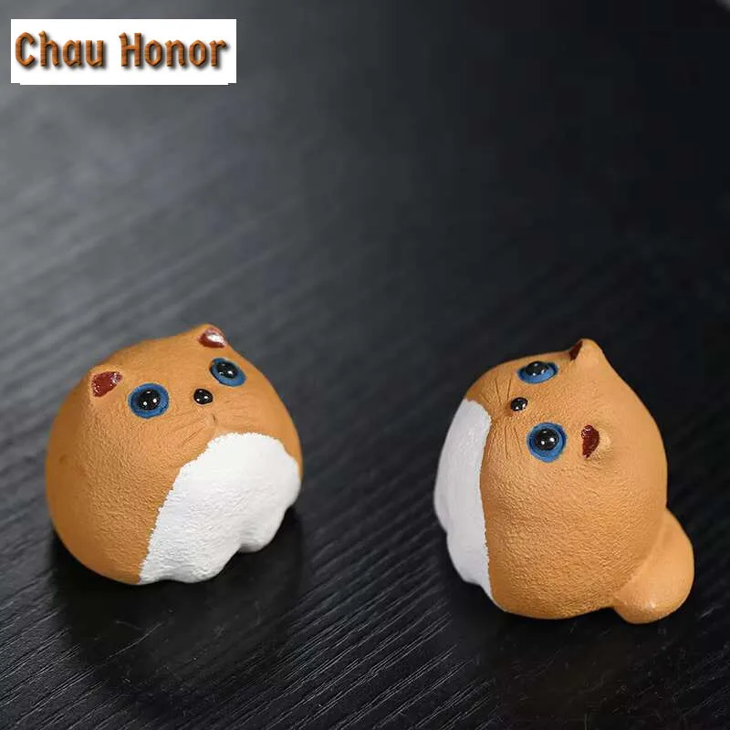 Boutique Handmade Purple Clay Tea Pet Ornaments Lucky Golden Cat Statue Cute Animal Tea Figurine Teaware Decoration Accessories