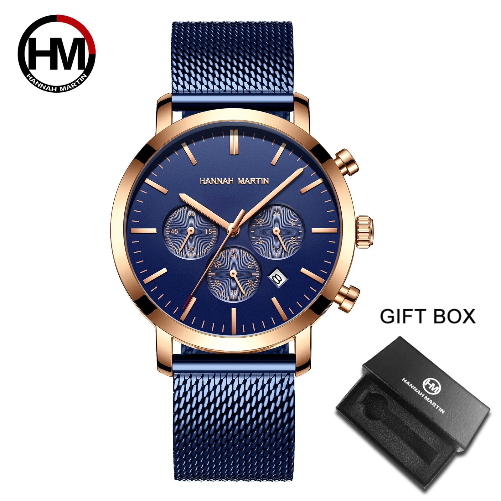 

HANNAH MARTIN Brand Watch For Men Business Luxury Gold Multifunction Calendar Waterproof Japanese Quartz Movement Men's Watch