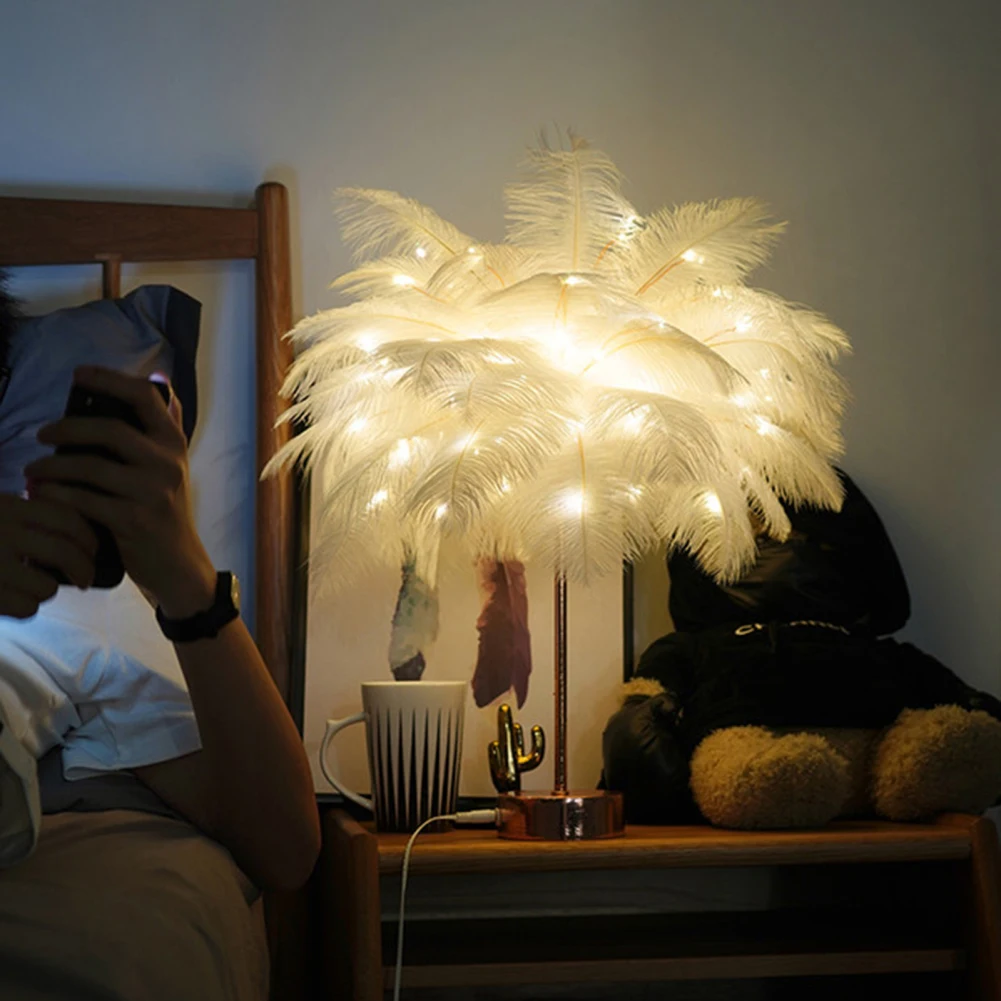 LED Feather Bedside Table Lamp led bedside lamp Bedside Bedroom Desktop Nightstand Decoration Hotel Living Room USB Three-Color Night Light