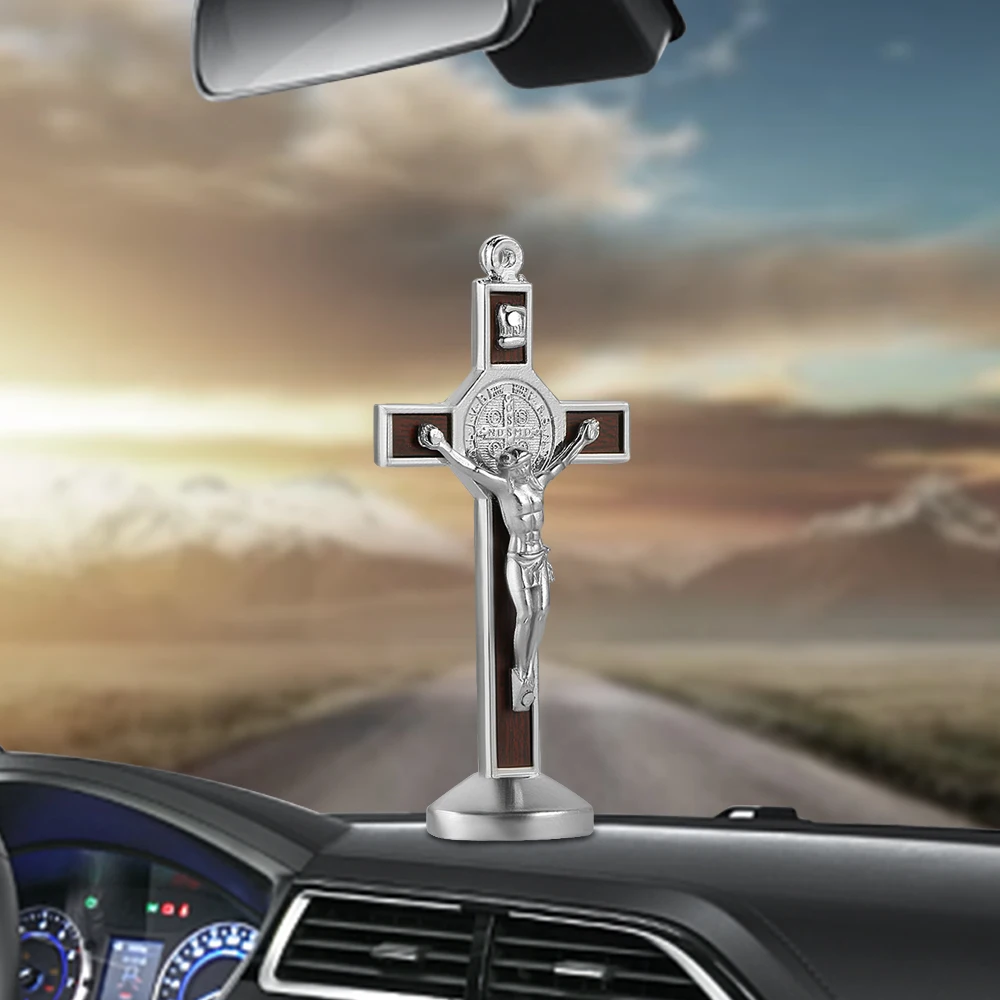 Car Ornament Metal Wood Jesus Cross Crucifix Dashboard Decoration