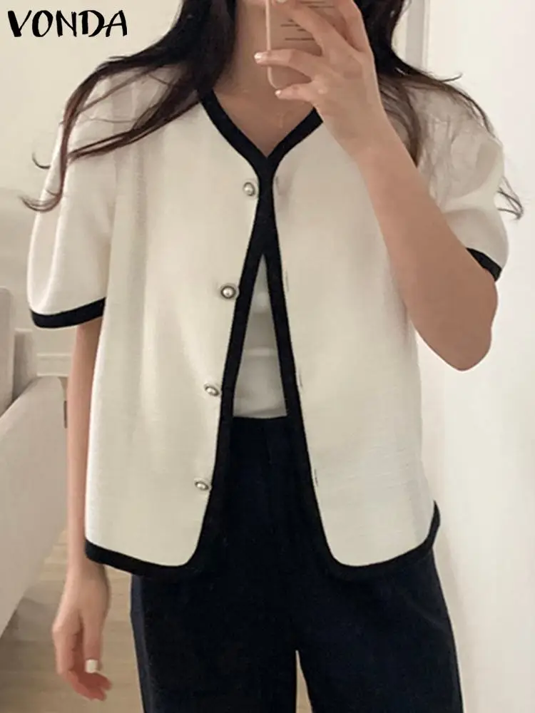 

Summer Blazer 2023 VONDA Elegant Casual Loose Women Coats Short Sleeve Buttons Office OL Blazer Round Neck Fashion Outercoats