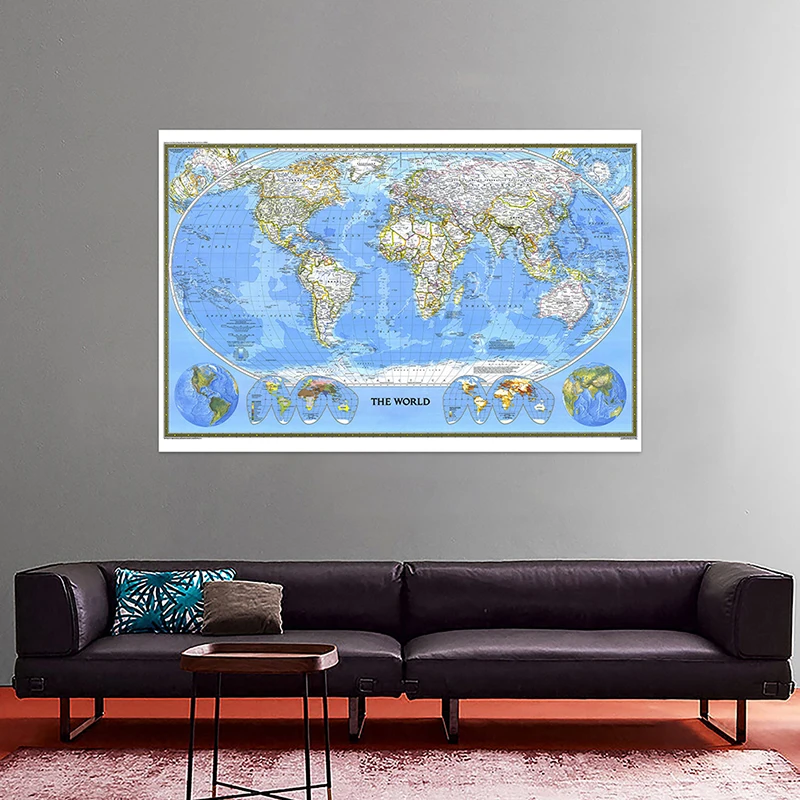 1pc 1988 World Map 225*150cm Non Woven Map of World Poster Detailed Poster Wall Decor Wallpapers Office Supplies
