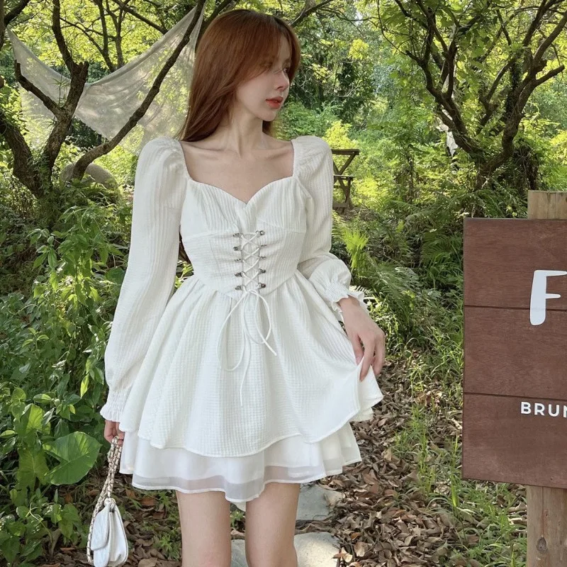 Women Spring Autumn Simplicity Office Lady Solid Color Square Collar Long Puff Sleeve Ladies Elegant Temperament A-line Skirt 2