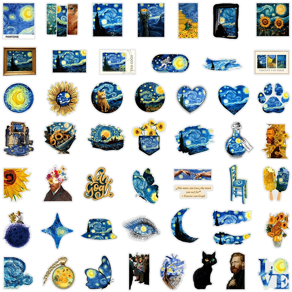 Van Gogh Sunflower & Starry Sky Waterproof Art Stickers Set - Artsy Aesthetic Decoration Decals (10/30/50pcs)