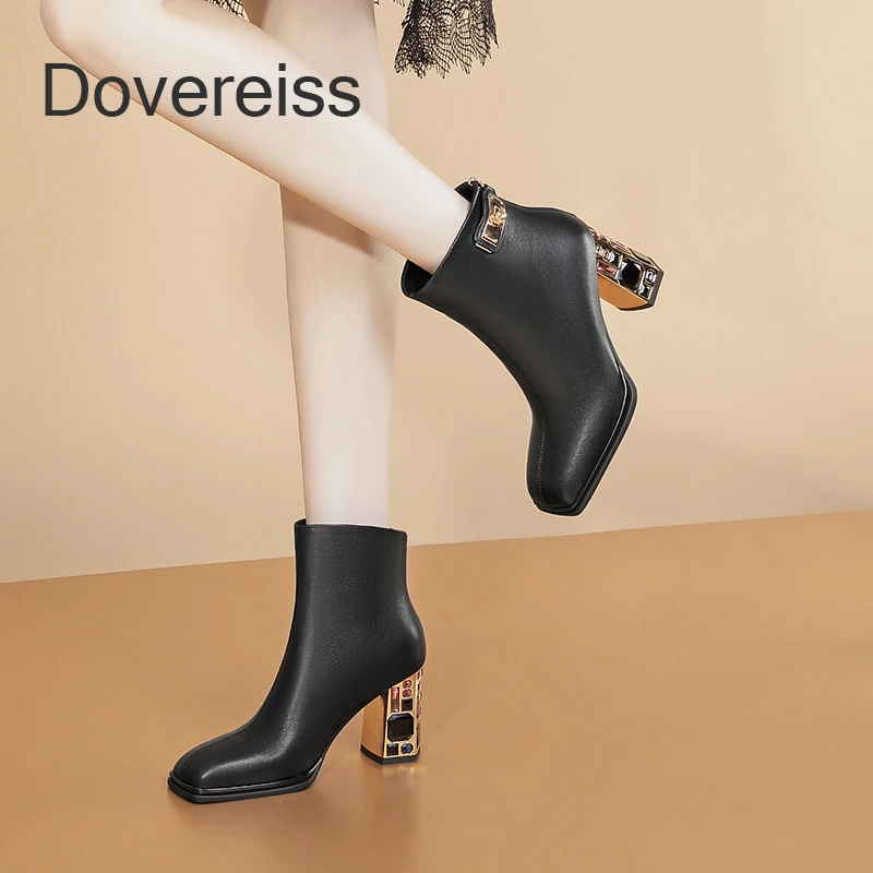 

Dovereiss 2022 Fashion Winter Female Ankle Boots Genuine Leather Sexy Zipper Chunky Heels Ladies Pure Color White Short Boots40