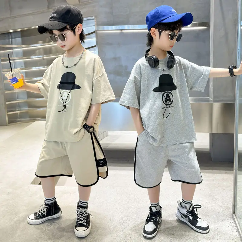 

5 To 14 Years Boys Summer Suit Kids Short Sleeve T-Shirt + Shorts 2pc Sports Casual Outfits for Teenage Boy Clothing Sets Size