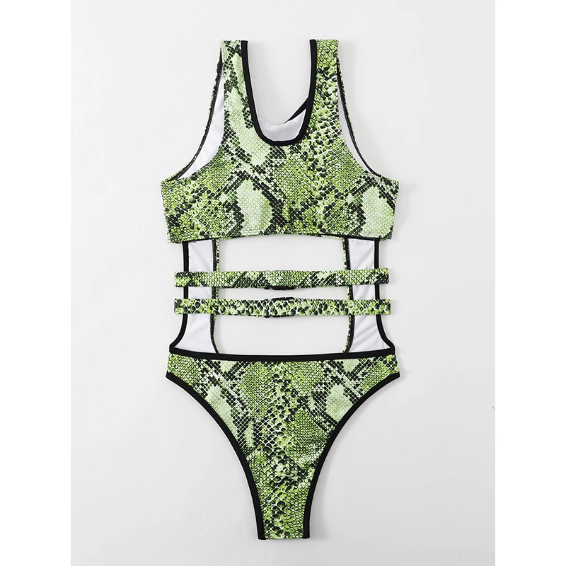 2023 Green Snakeskin One Piece Bikini Halter Ring Beach Summer Sexy Women's Swimwear Triangle Bag Bathing Suit Vintage Swimsuit