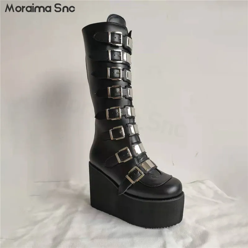 Pink Metal Belt Buckle Platform Boots Y2K Round Toe Heightened Thick-Soled Large Size Personality Fashion High-Top Women's Boots