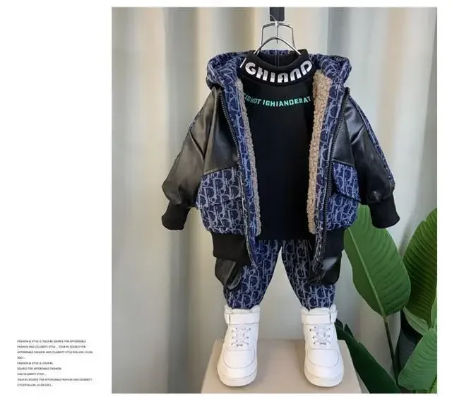 

Teenage Boys PU Patchwork Denim Plush Hooded Zipper Set Winter 2023 New Baby Coat Handsome Children's Thickened Clothing Set