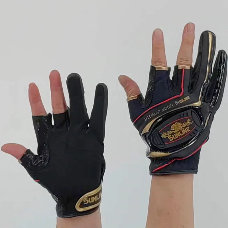 Fishing Gloves New Sunline Men Leather Anti-Slip 3/5 Half-Finger Cut Sports Hiking Cycling Wear-resistant