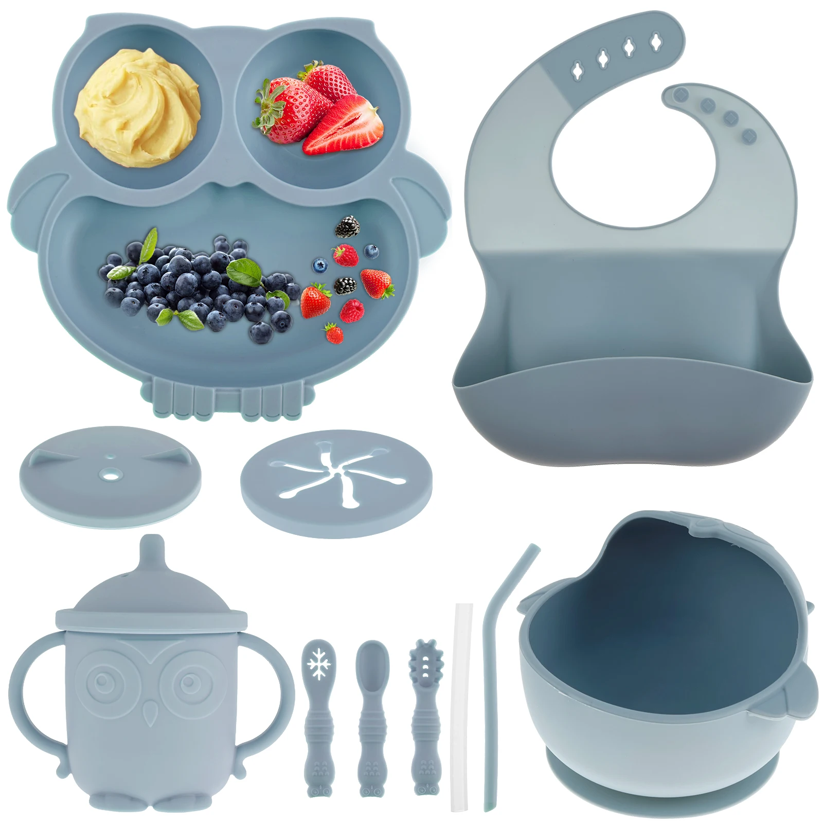 11/5pcs Baby Dining Plate Silicone Tableware Set Toddler Feeding Divided Dinner Tray for Infant Weaning Baby Saliva Dripping Bib