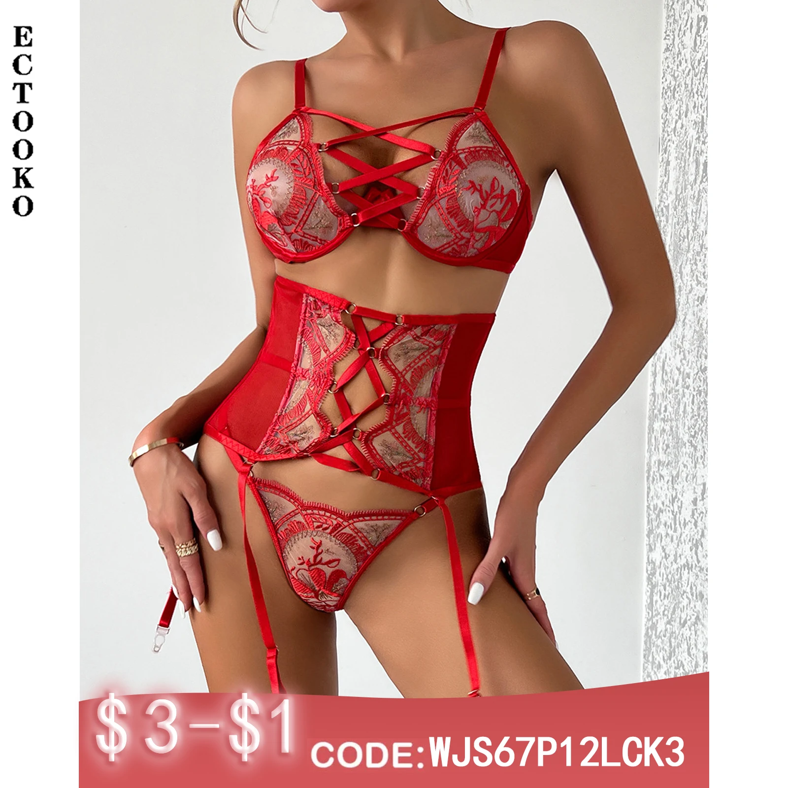 

ECTOOKO Day New Erotic Lingerie Three Pieces set Embroidered Stitching Hand-worn with Underwear