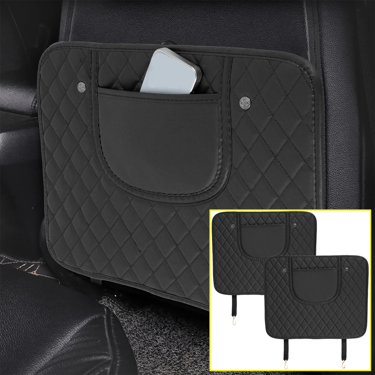 Car Seat Protector Car Seat Organizer Car Door Kick Pad 2Pcs PU Leather Car Anti Kick Mat Protector Pad Auto Seat Back Protector Cover Back Seat Organizer with Storage Bag Waterproof