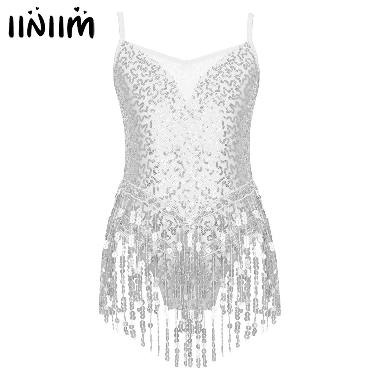 

Kids Girls Stylish Clothing Sleeveless V Neckline Shiny Sequins Mesh Patchwork Tassel Hem Latin Dance Leotards Dancewear