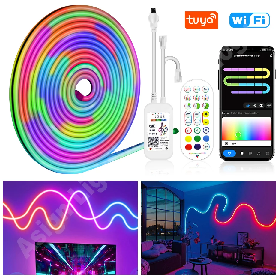 1-5m LED Neon Strip DC12V 96LEDs/m Tuya Smart WiFi Flexible RGBIC Neon LED Tape Waterproof  for Home Decor Dreamcolor Rainbow