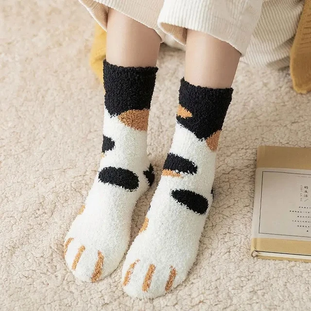 Calcetines térmicos de felpa para mujer, medias mullidas con bordado de  pata de gato, algodón grueso, dibujos animados para dormir - AliExpress