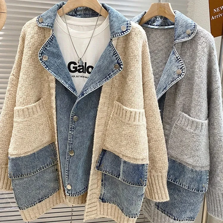 Women's 2023 Autumn/Winter Korean Edition Vintage Personalized Patchwork Denim Coat Lazy Knitted Sweater Cardigan Fashion Jacket