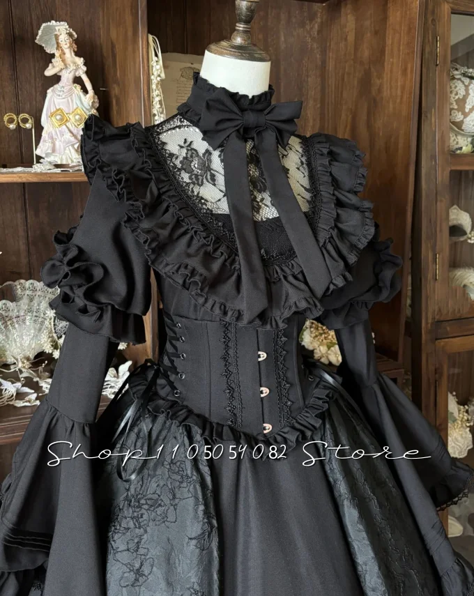 Medieval Gothic Black Prom Dress Long-Sleeved Flared Lace Ruffled Corseted A-Line платье вечернее Party Evening Gown Customized - 2