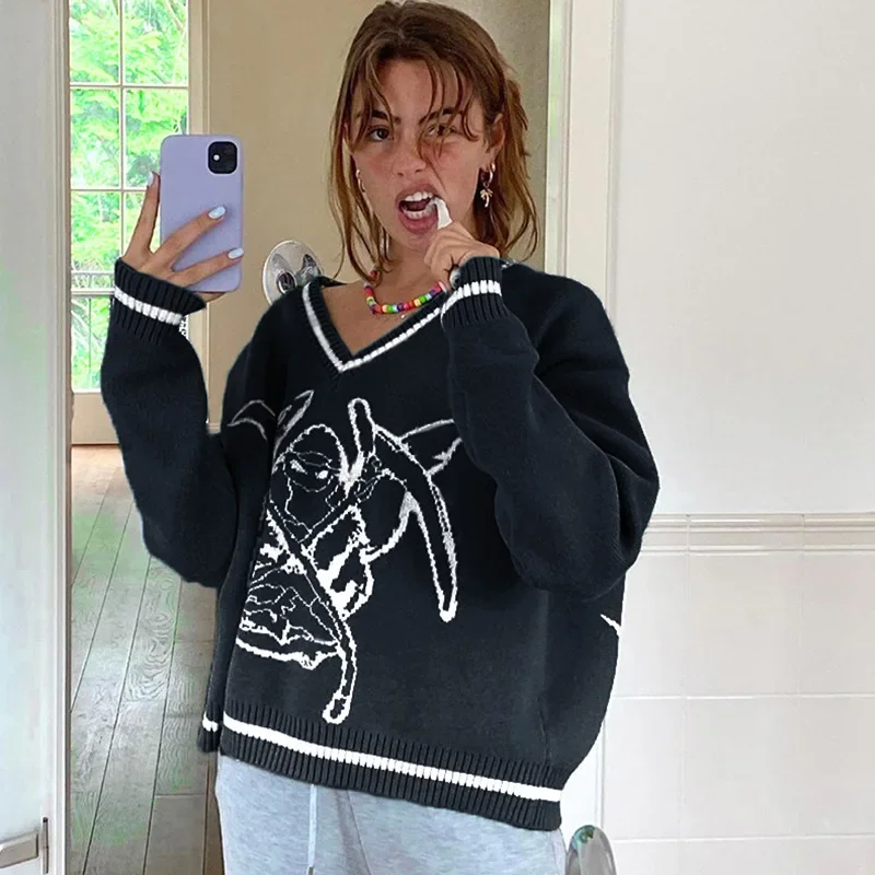 

Sickle Grim Reaper Knitted Sweater Women V-Neck Loose Casual Printed Pullovers Preppy Style Autumn Winter Warm Leisure Jumpers