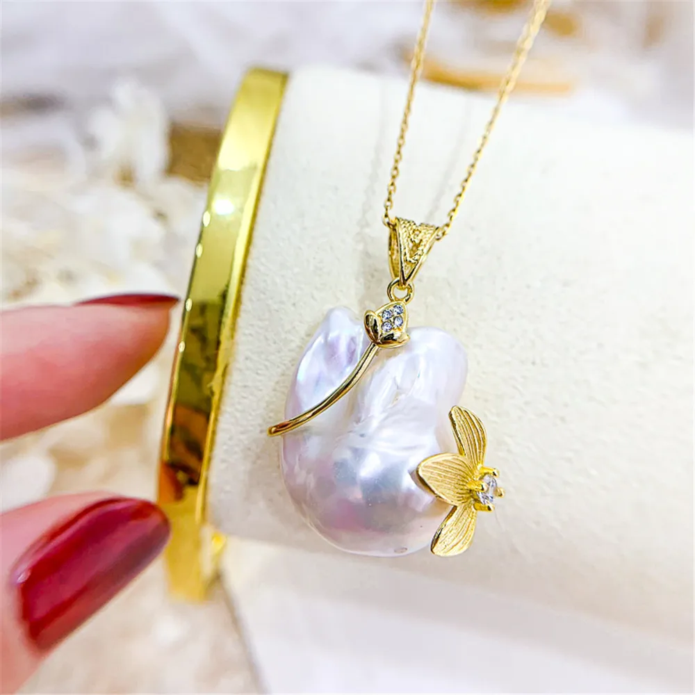 

DIY Pearl Mini S925 Sterling Silver Pendant with Empty Holder Gold Silver Necklace Pendant with 12-17mm Beads