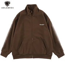 

Aolamegs Solid Color Letter Embroidery Side Striped Jackets Men Casual Retro Fashion Oversized Stand Collar Coats Couple Outwear