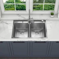 33" x 22" x 9" Drop In Double Bowl Kitchen Sink with 18 Gauge 304 Stainless Steel Satin Finish HT3322D-9-S (Sink Only) 1