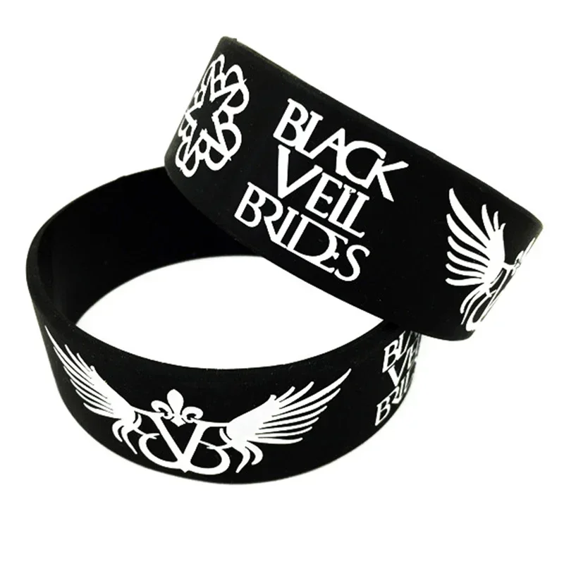25 Pcs Black Veil Brides Silicone Bracelet with Angel Wings Music Concert Bangle 1 Inch Wide Wristband 6